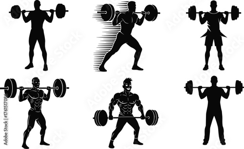 Silhouettes of strong men performing barbell squats and weightlifting, symbolizing power, fitness, bodybuilding, intense gym training, and strength exercises vector on white.