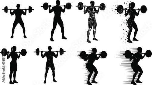 Silhouettes of strong men performing barbell squats and weightlifting, symbolizing power, fitness, bodybuilding, intense gym training, and strength exercises vector on white.