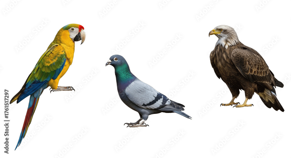 Obraz premium Set of Three Birds – Colorful Parrot, Graceful Pigeon and Majestic Eagle Isolated on White Background – Wildlife Collection Featuring Exotic, Urban and Predatory Bird Species in High Detail