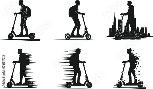 Silhouettes of people riding electric scooters and motor scooters, representing urban mobility, sustainable transportation, city travel, delivery, and modern commuting vector.