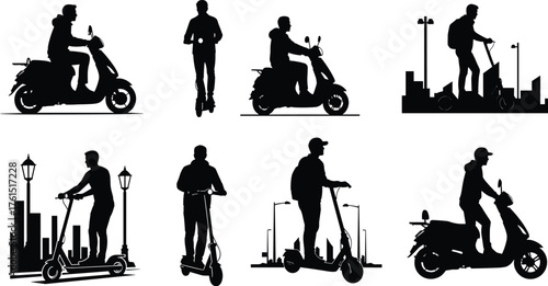 Silhouettes of people riding electric scooters and motor scooters, representing urban mobility, sustainable transportation, city travel, delivery, and modern commuting vector.