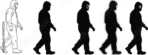 Silhouettes and line art of people wearing hazmat suits and PPE, symbolizing biohazard, contamination, epidemic prevention, protection, and safety during a pandemic.