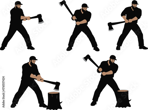 Silhouettes of a rugged lumberjack swinging an axe to chop wood, symbolizing forestry, hard physical labor, woodcutting, strength, and traditional work.
