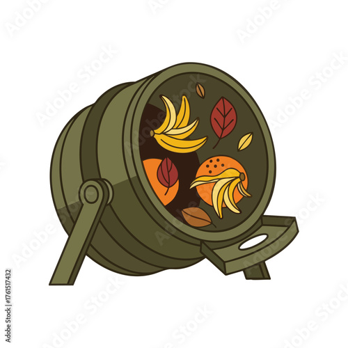 Compost bin with organic waste like banana peels and orange slices.