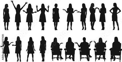 Female silhouettes, gesture poses, standing and seated postures, body language art, lifestyle illustration, communication concept, psychology design, character study