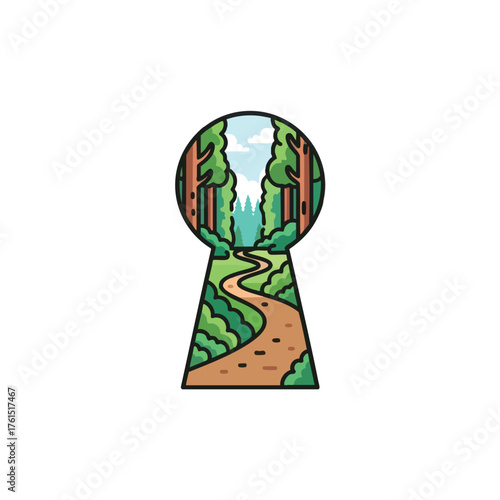 A keyhole view into a winding path through a lush forest.