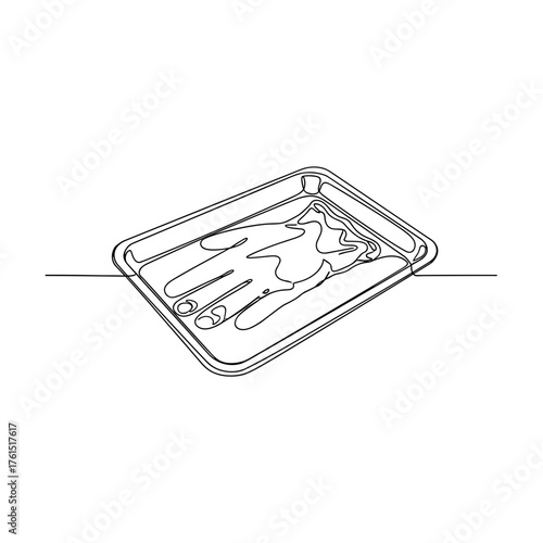Disposable gloves on metal tray in line art style symbolizing sterility