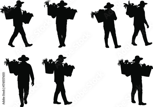 Silhouettes of farmers and agricultural workers carrying buckets and tools, harvesting fresh vegetables and crops, symbolizing hard work and farming on white.