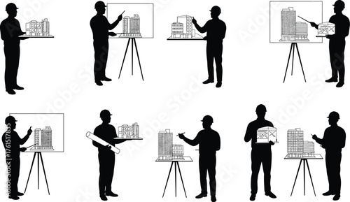 Architects and engineers silhouettes reviewing building models, construction plans, and blueprints, symbolizing project planning, development, and professional expertise on white.