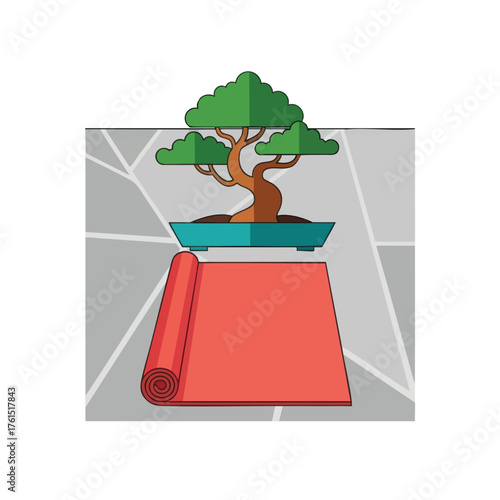 Stylized bonsai tree and red yoga mat on a geometric background.