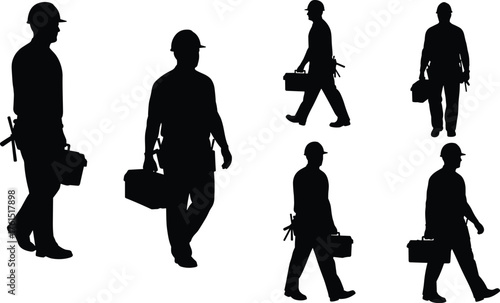 Professional construction worker silhouette, hard hat, carrying toolbox, side profile, full-body view, maintenance technician, industrial labor, service call, white background.