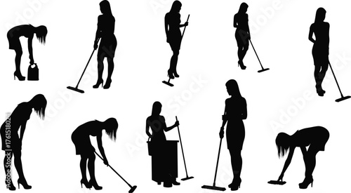 Cleaning silhouettes, worker with mop and cart, household chores, lifestyle art, domestic service, hygiene posture, labor concept, activity design