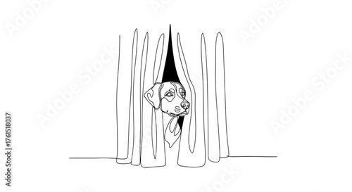 Dog hiding behind curtain in line art style symbolizing shyness