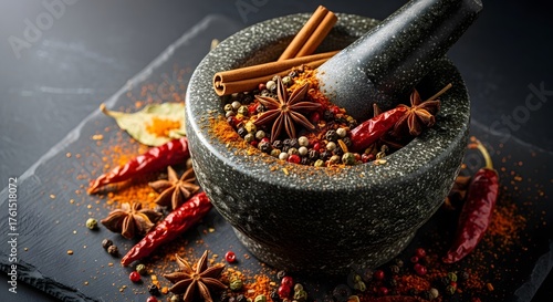 Fototapeta Naklejka Na Ścianę i Meble -  A dark stone mortar and pestle filled with a vibrant mix of crushed spices including chili peppers, cinnamon sticks, star anise, and colorful peppercorns, set against a dark background.