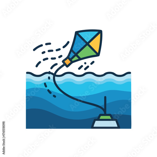 A colorful kite flies over blue wavy water, tethered to an anchor.