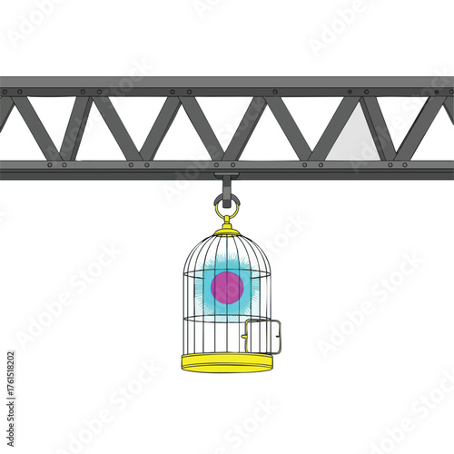 A stylized birdcage with a glowing abstract light source inside.