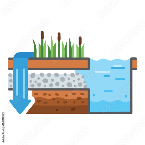 Diagram showing water filtration through soil layers with plants.