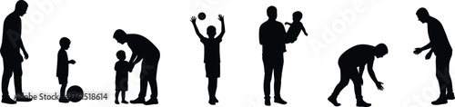 Adult and child silhouettes, parenting support, family lifestyle, early development, caregiving posture, education concept, nurturing bond, play activity design