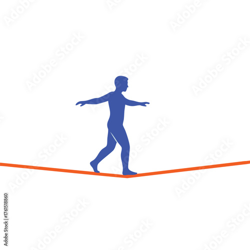 Blue silhouette of a person walking on a slackline, demonstrating balance.