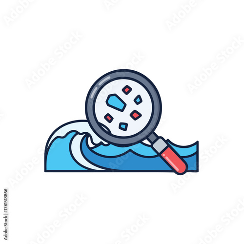 A magnifying glass examines the elements within a stylized ocean wave.