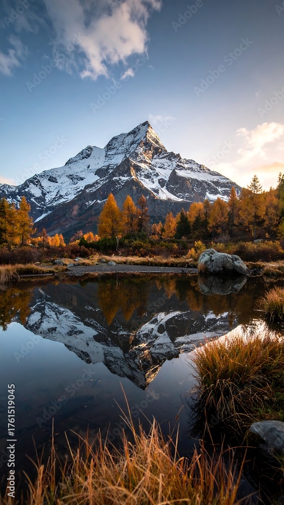 Obraz premium Mountain lake at autumnal sunrise, snow-capped peak reflected