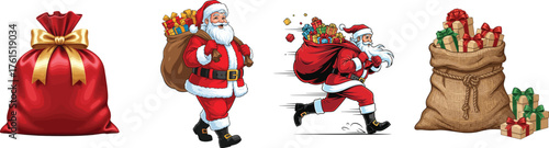 Set of Santa Claus and Christmas Gift Sacks with Presents Vector Collection