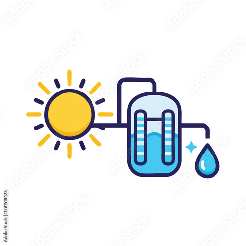 Icon representing solar distillation process, showing sun, water tank, and a water drop.