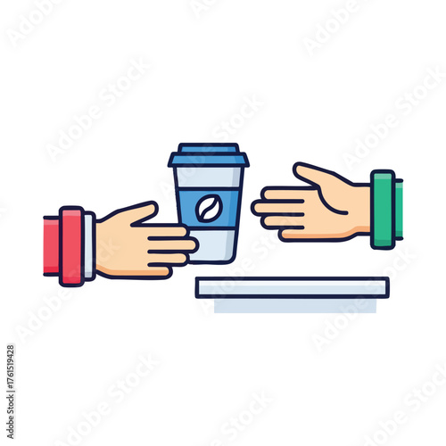 Hands exchanging a coffee cup with a coffee bean logo.