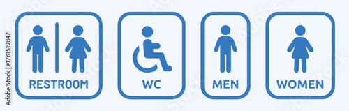 restroom, signs, icons, symbols, men, women, wc, wheelchair, accessible, handicap, toilet, bathroom, public, facilities, blue, white, graphic, design, information, navigation, pictogram, gender, disab