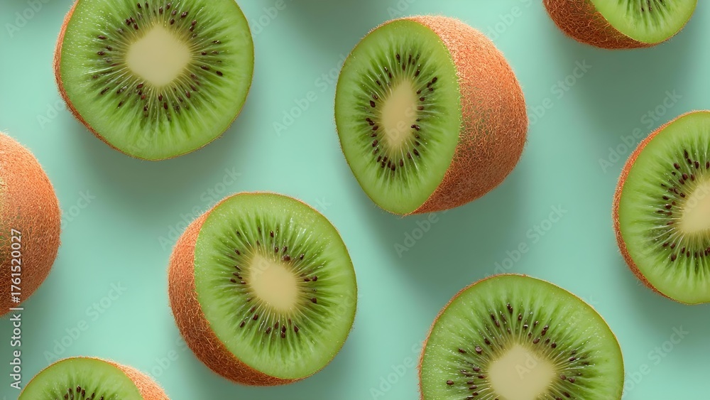 Fototapeta premium Halves of kiwifruit with bright green flesh, black seeds, and fuzzy brown skin on a teal background. Concept Kiwifruit halves on teal background, bright green flesh with black seeds