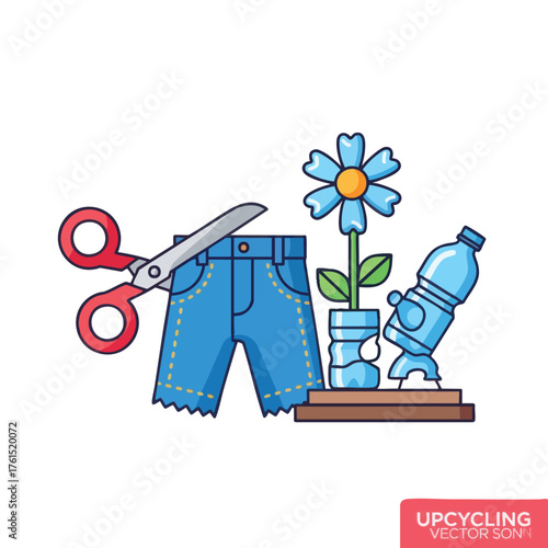 of upcycling: jeans, scissors, a flower in a pot, and a bottle.