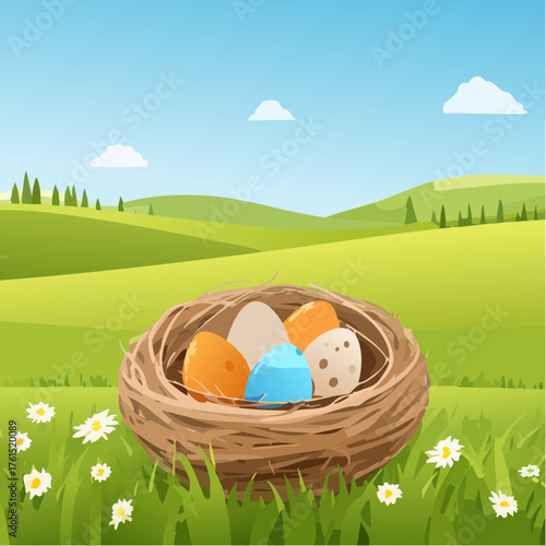 Nest with easter eggs in grass on a sunny spring day - Easter decoration, banner, panorama, background