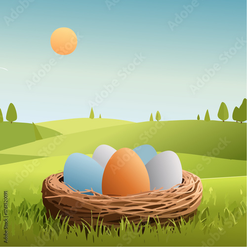 Nest with easter eggs in grass on a sunny spring day - Easter decoration, banner, panorama, background