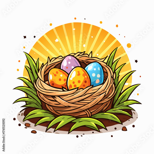 Nest with easter eggs in grass on a sunny spring day - Easter decoration, banner, panorama, background