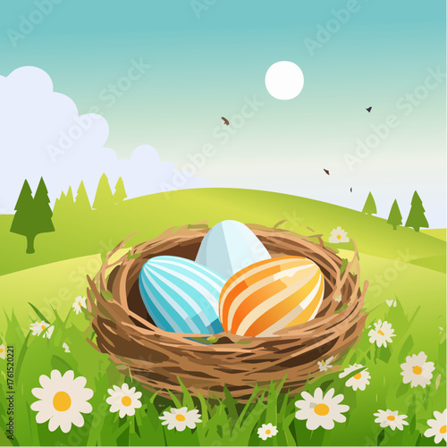 Nest with easter eggs in grass on a sunny spring day - Easter decoration, banner, panorama, background