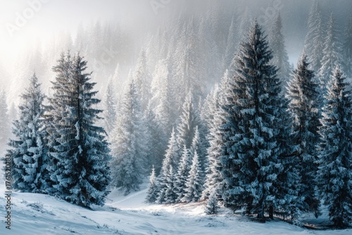 Majestic Snow Covered Pine Forest in Winter Morning Light – Peaceful Frosty Landscape Background