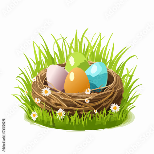 Nest with easter eggs in grass on a sunny spring day - Easter decoration, banner, panorama, background