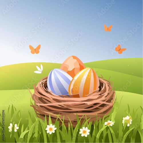 Nest with easter eggs in grass on a sunny spring day - Easter decoration, banner, panorama, background