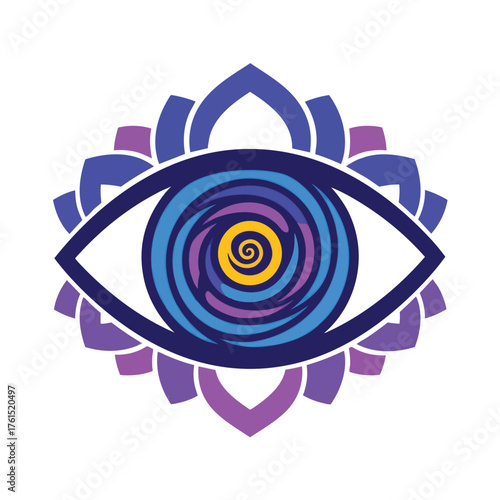 Stylized eye with a hypnotic swirl and lotus petal design.