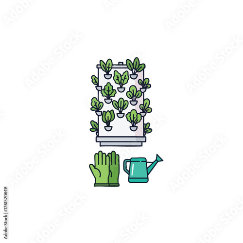 of a vertical garden with plants, gloves, and watering can.