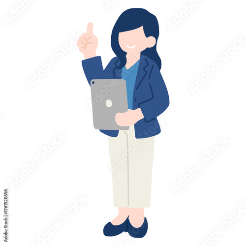 タブレットを持ちながら指をさすビジネスパーソン[女性]のフラットなイラスト
