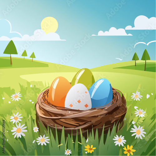 Nest with easter eggs in grass on a sunny spring day - Easter decoration, banner, panorama, background