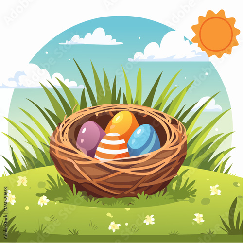 Nest with easter eggs in grass on a sunny spring day - Easter decoration, banner, panorama, background