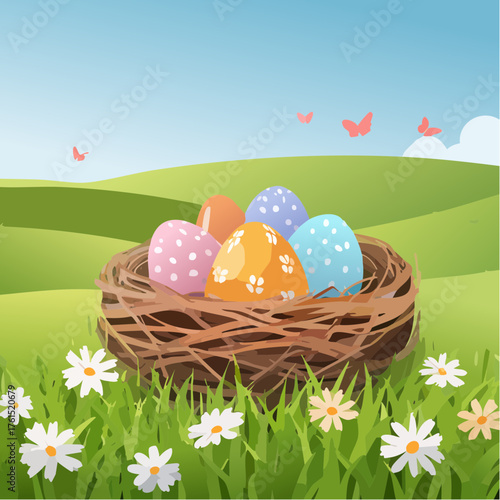 Nest with easter eggs in grass on a sunny spring day - Easter decoration, banner, panorama, background