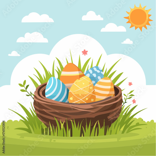 Nest with easter eggs in grass on a sunny spring day - Easter decoration, banner, panorama, background