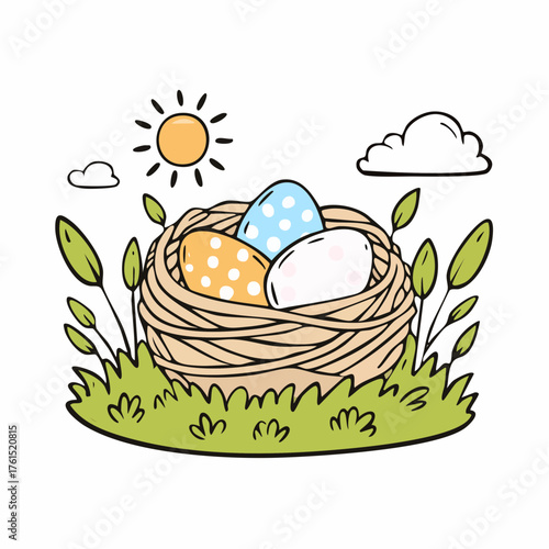 Nest with easter eggs in grass on a sunny spring day - Easter decoration, banner, panorama, background