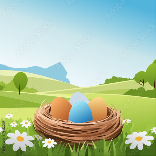 Nest with easter eggs in grass on a sunny spring day - Easter decoration, banner, panorama, background