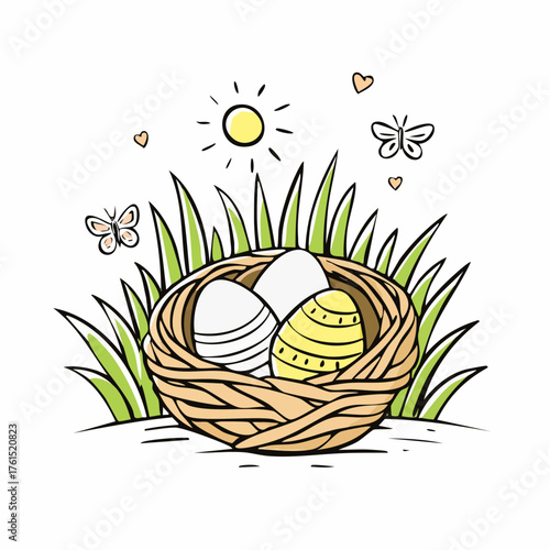 Nest with easter eggs in grass on a sunny spring day - Easter decoration, banner, panorama, background