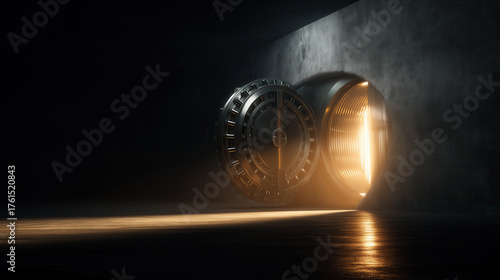 Massive Circular Bank Vault Door Open With Golden Light Spilling Out — Dark Interior