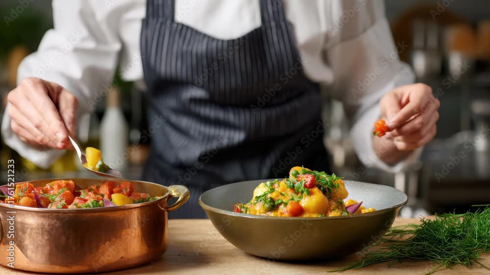 custom made wallpaper toronto digitalProfessional chef carefully garnishing gourmet dish, sprinkling fresh cherry tomatoes and vibrant herbs, elevating culinary presentation with precise, artistic detail